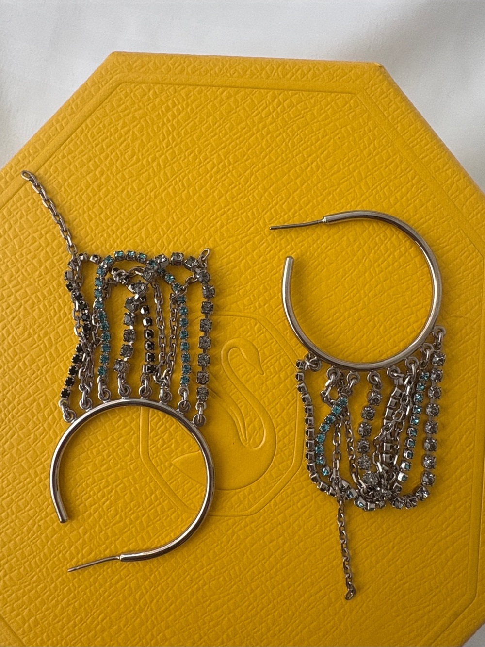 Swarovski Silver Hoop Earrings with Turquoise and Clear Crystal Chains